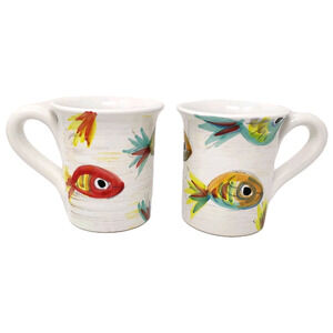 Vietri Italy Pesci Colorati Mugs 4.5" Set of 2 Coffee Tea Colorful Fish Italian